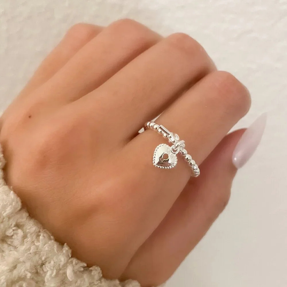 925 Sterling Silver Dangle Heart Lock & Key Ring Cute Dainty Ring Thin Bead Ring